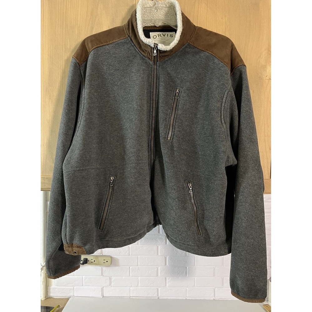 ORVIS Men's XXL Fleece Full-Zip Jacket Faux-Leather Trim Pockets Gray